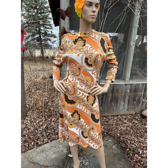 60s Groovy Print Knit Belted Shirt Dress 100% Virgin Wool Long Sleeve Orange Yel - Picture 2 of 16
